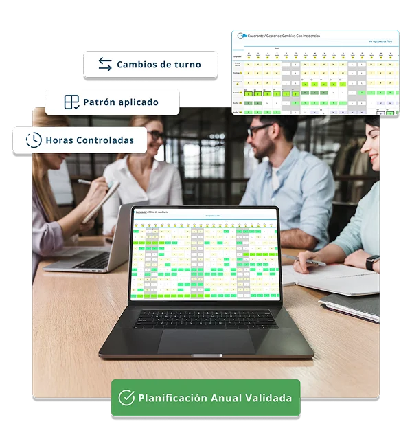 Gestiona los cuadrantes de tu equipo con PGPlanning Equipo revisando el cuadrante de turnos de PGPlanning en una reunión